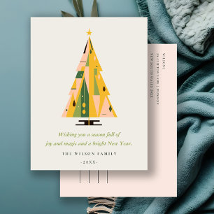 Retro Geometric Christmas Tree Blush Mustard Green Holiday Postcard