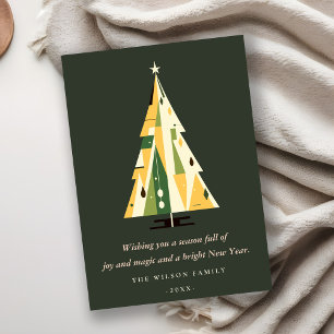 Retro Geometric Christmas Tree Yellow Forest Green Holiday Card