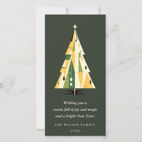 Retro Geometric Christmas Tree Yellow Forest Green Holiday Card