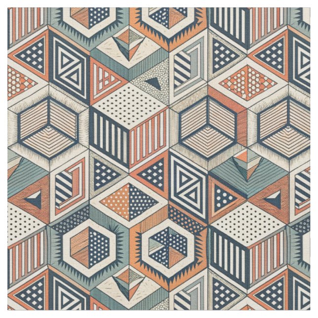 Retro Geometric Cubes & Triangles Illusion Pattern Fabric (Close Up)
