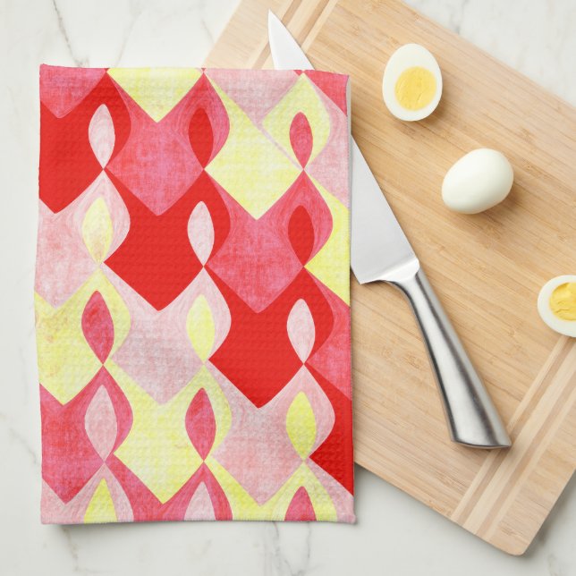 Retro Geometric Diamond Pattern Red, Pink & Yellow Kitchen Towel (Quarter Fold)