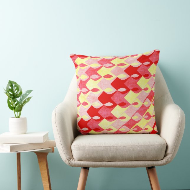 Retro Geometric Diamond Pattern Red, Pink & Yellow Throw Pillow (Chair)