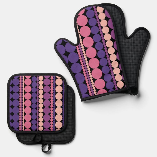 Retro Geometric Dotted Stripes Oven Mitt & Pot Holder Set (Front/Back)