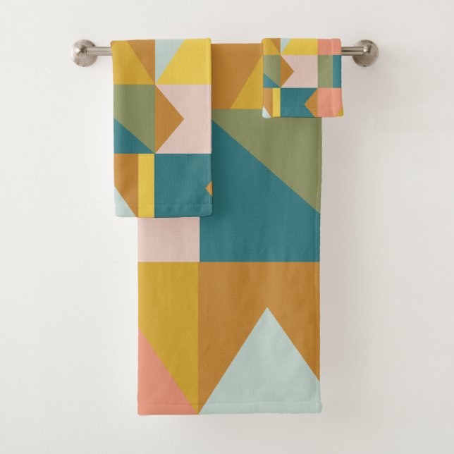 Retro Geometric Earthy Bold Modern Shapes MCM Bath Towel Set (Insitu)