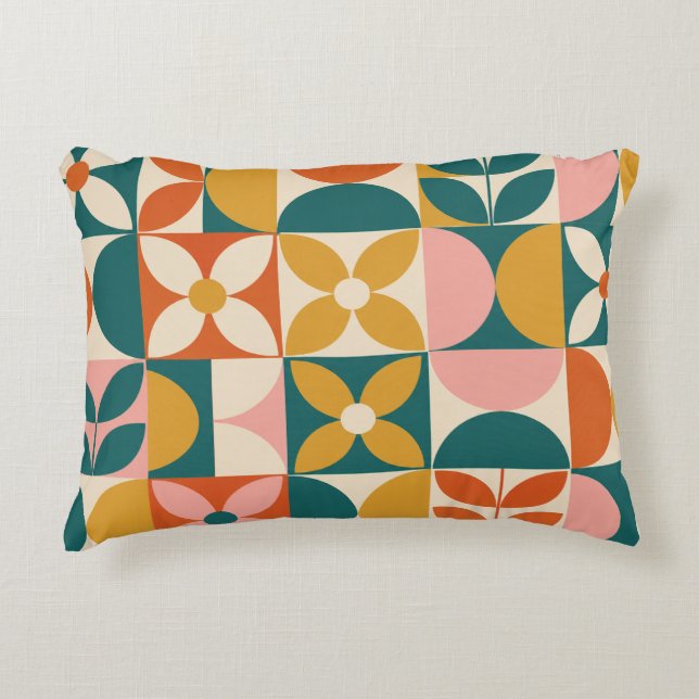 Retro Geometric Flower Patchwork Accent Pillow (Front)