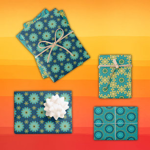 Retro Geometric Flowers Bright Yellow Blue, Teal Wrapping Paper Sheets