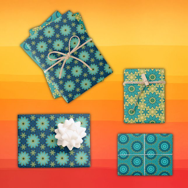Retro Geometric Flowers Bright Yellow Blue, Teal Wrapping Paper Sheets (Creator Uploaded)