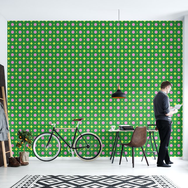 Retro Geometric Flowers in Pink and Green Wallpaper (Living Room)