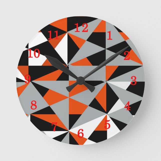 Retro Geometric Funky Orange Gray Black Pattern Round Clock (Front)