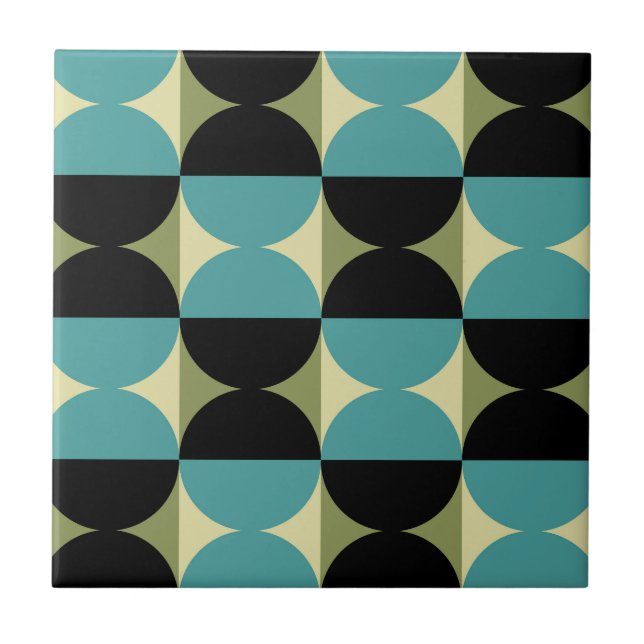 Retro Geometric Half Square and Circle Pattern Ceramic Tile (Front)