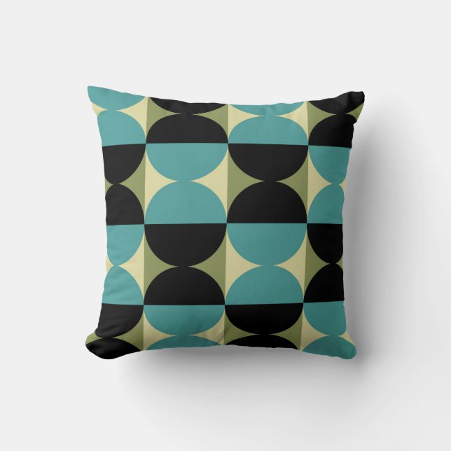 Retro Geometric Half Square and Circle Pattern Throw Pillow (Front)