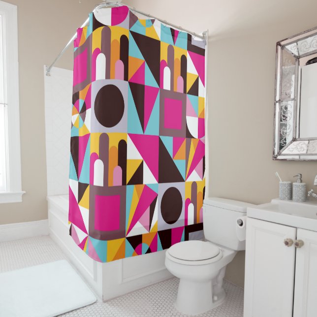 Retro Geometric Hot Pink Black Wild Pattern Design Shower Curtain (In Situ)