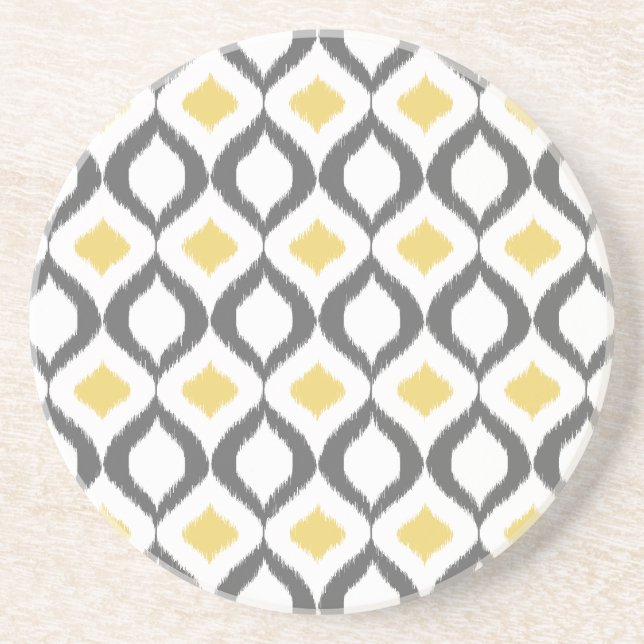 Retro Geometric Ikat Yellow Gray Pattern Sandstone Coaster (Front)