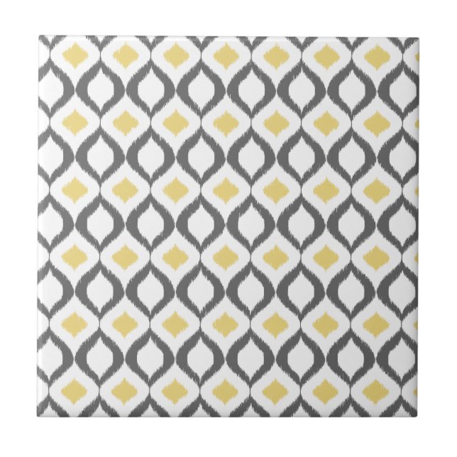 Retro Geometric Ikat Yellow Gray Pattern Tile (Front)