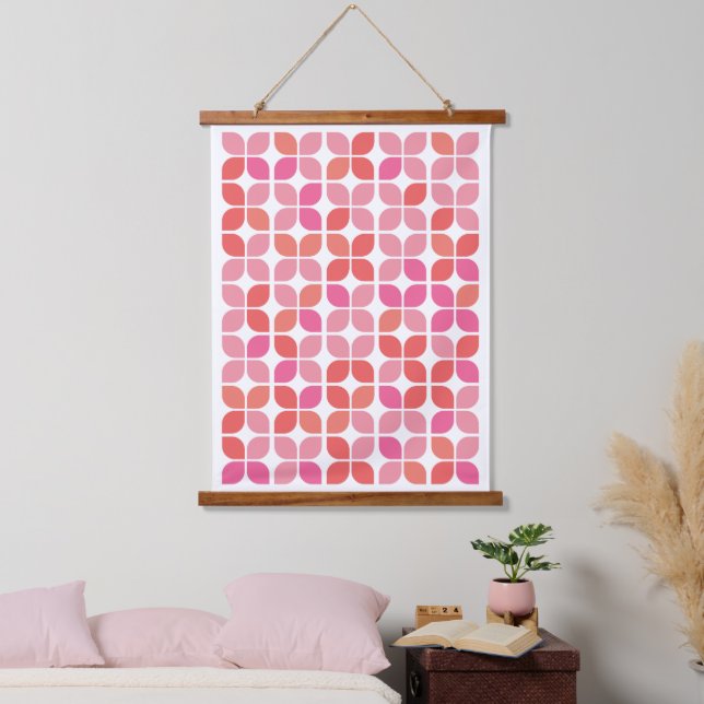 Retro Geometric Leaf Pattern Coral Orange Pink Hanging Tapestry (Bedroom)