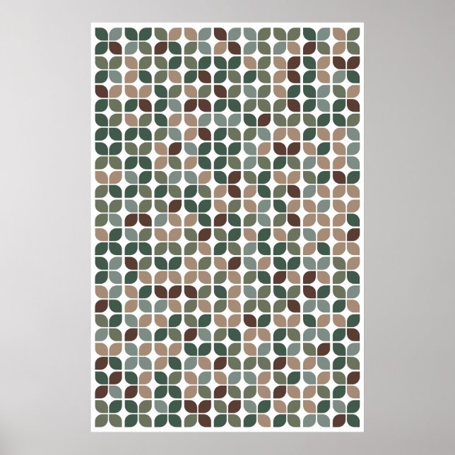 Retro Geometric Leaf Pattern Green Brown Taupe Poster (Front)