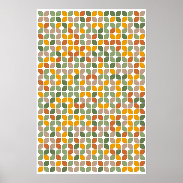 Retro Geometric Leaf Pattern Green Orange Taupe Poster (Front)