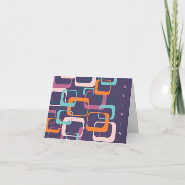 Retro Geometric Mid Century Shapes Art Purple Note Card (Front)