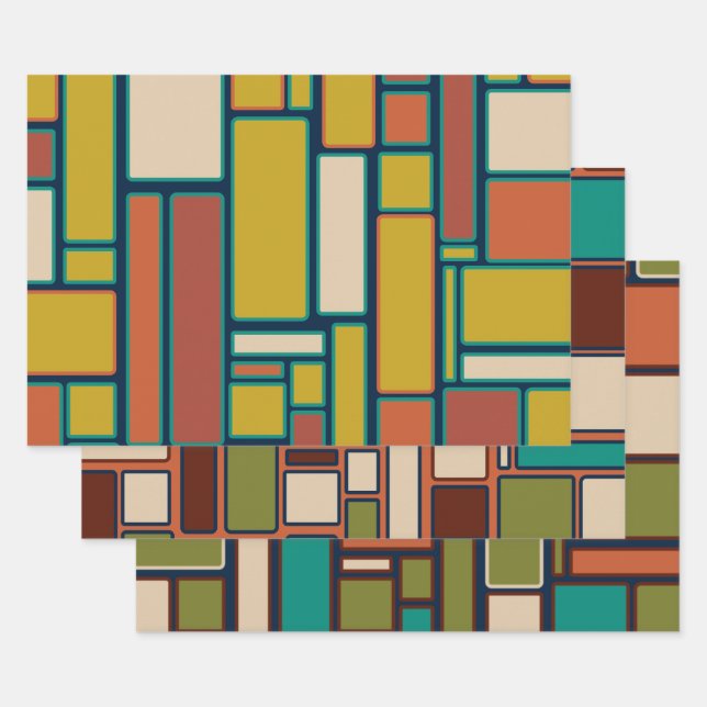 Retro Geometric Midcentury Modern Patterns Wrapping Paper Sheets (Set)