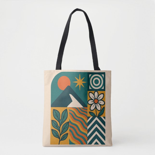 Retro Geometric Nature Design Tote Bag (Front)