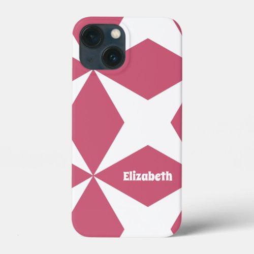 Retro Geometric Pattern Custom Name Pink  White iPhone 13 Mini Case