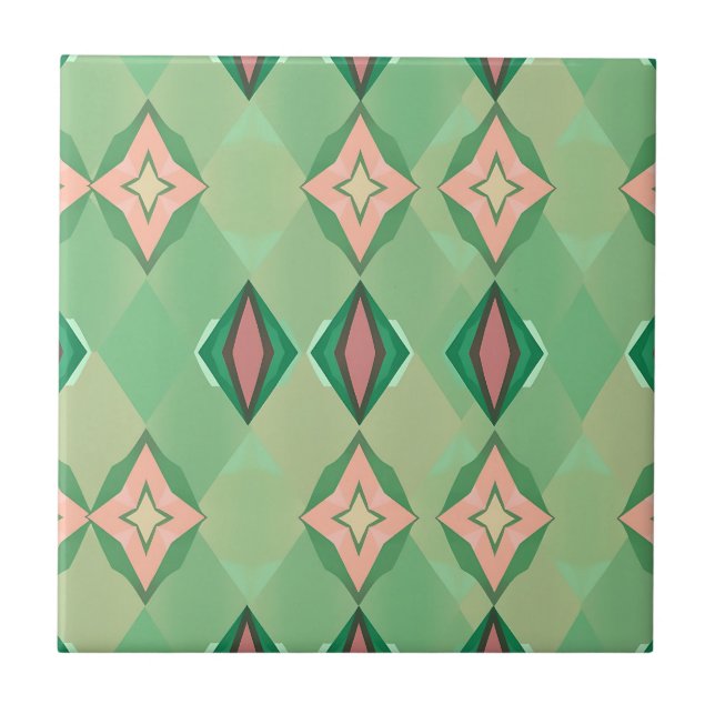 Retro Geometric Pattern Green Pink Diamond Star Ceramic Tile (Front)
