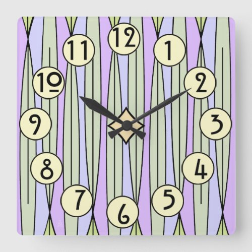 Retro Geometric Pattern in Pastel Green  Lavender Square Wall Clock