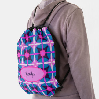 Retro Geometric Pattern in Pink, Purple and Blue Drawstring Bag