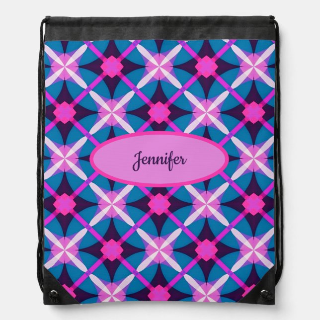 Retro Geometric Pattern in Pink, Purple and Blue  Drawstring Bag (Front)