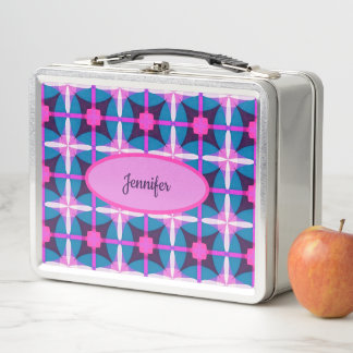Retro Geometric Pattern in Pink, Purple & Blue | Metal Lunch Box