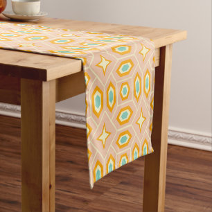 Retro geometric pattern with hexagons and stars short table runner