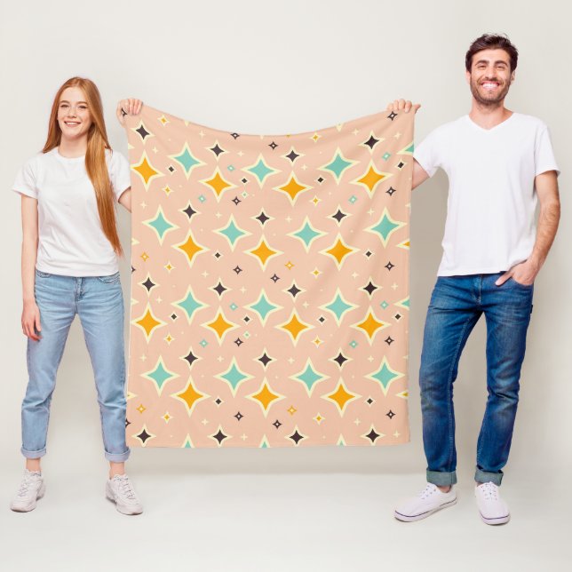Retro geometric pattern with teal, orange, black fleece blanket (In Situ)