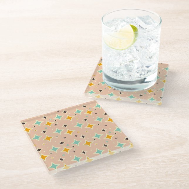 Retro geometric pattern with teal, orange, black glass coaster (Angled)