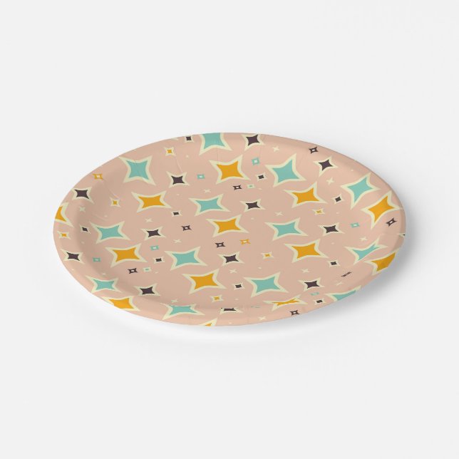 Retro geometric pattern with teal, orange, black paper plates (Angled)
