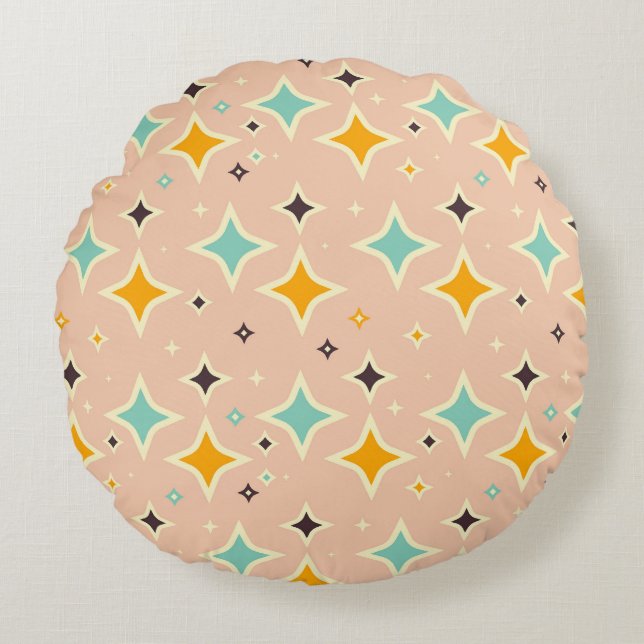 Retro geometric pattern with teal, orange, black round pillow (Front)