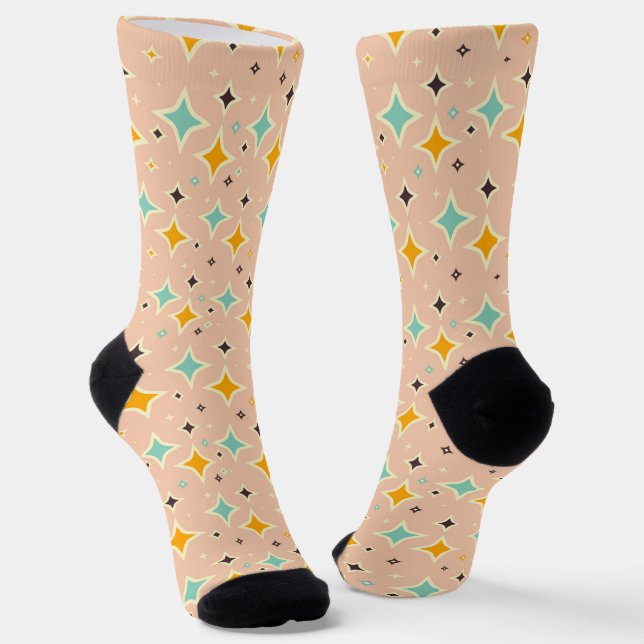 Retro geometric pattern with teal, orange, black socks (Angled)