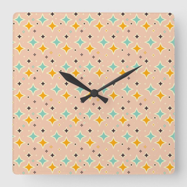 Retro geometric pattern with teal, orange, black square wall clock (Front)