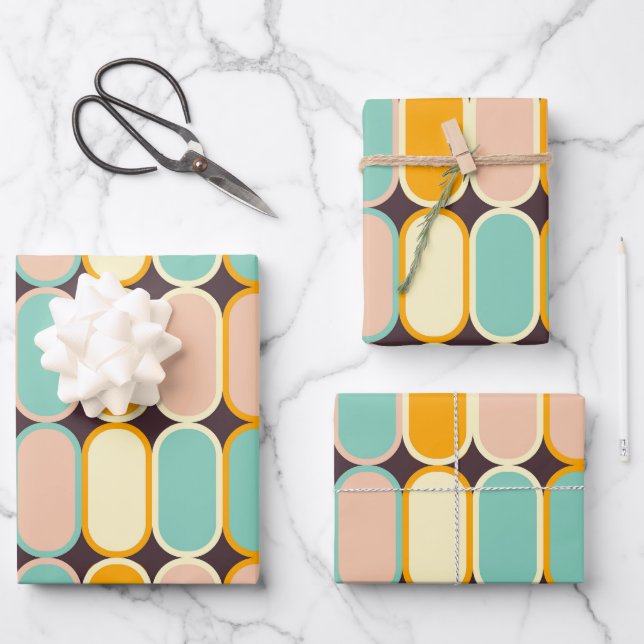 Retro geometric pattern with vertical ovals wrapping paper sheets (Front)