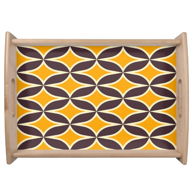 Retro geometric pattern yellow and brown leaf serving tray (Front)