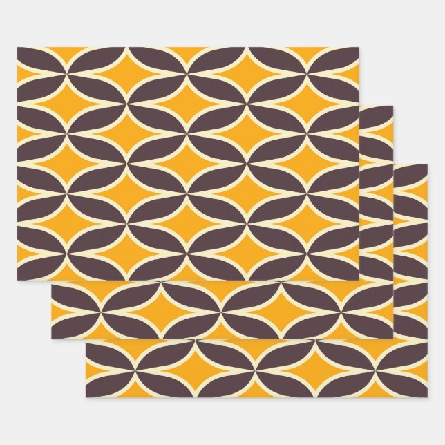 Retro geometric pattern yellow and brown leaf wrapping paper sheets (Set)