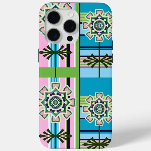 Retro geometric patterns and fantasy flowers iPhone 15 pro max case