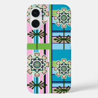 Retro geometric patterns and fantasy flowers iPhone 16 case