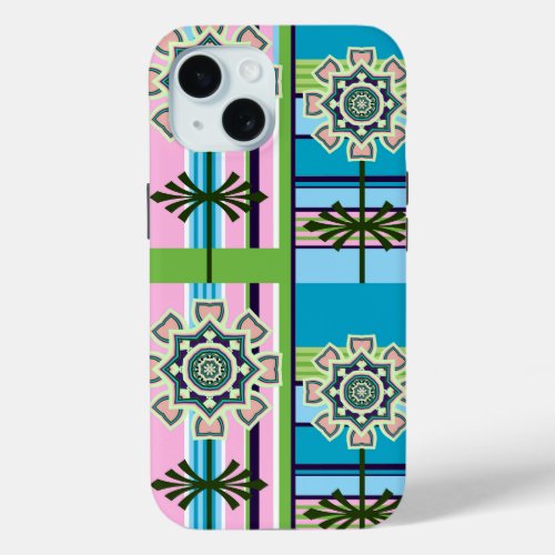 Retro geometric patterns and fantasy flowers iPhone 15 case