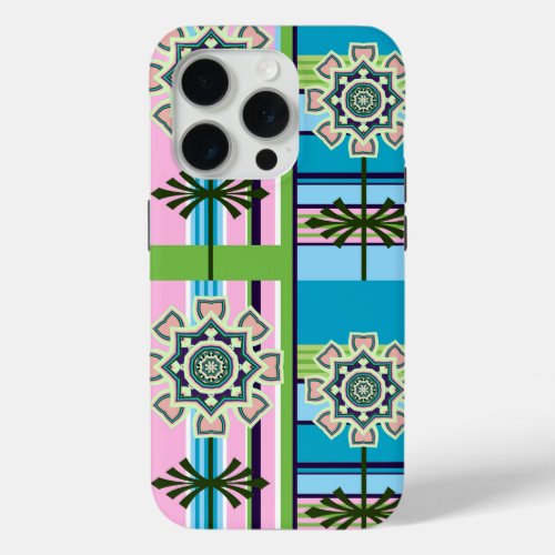 Retro geometric patterns and fantasy flowers iPhone 15 pro case