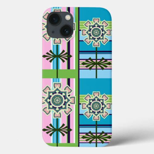 Retro geometric patterns and fantasy flowers iPhone 13 case