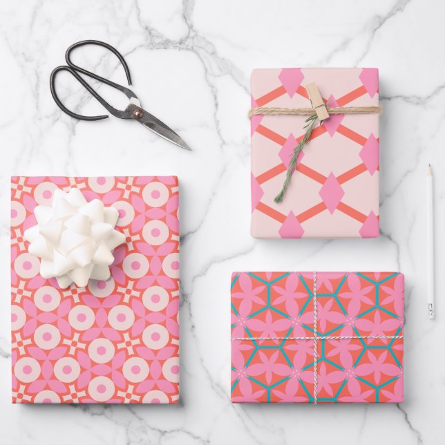 Retro Geometric Pink Mid-Century Modern Wrapping Paper Sheets (Front)