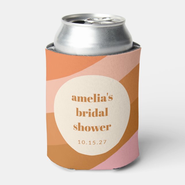 Retro Geometric Pink Orange Custom Bridal Shower Can Cooler (Can Front)