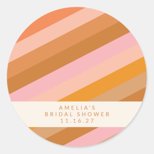 Retro Geometric Pink Orange Custom Bridal Shower  Classic Round Sticker