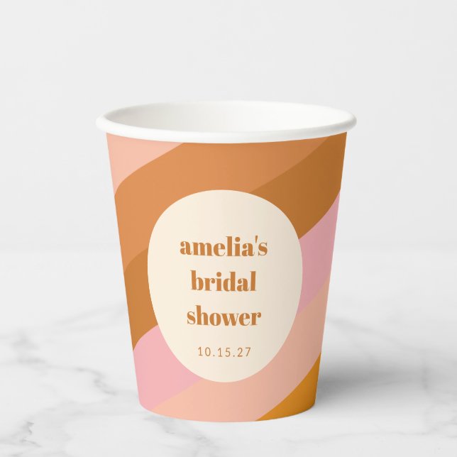 Retro Geometric Pink Orange Custom Bridal Shower Paper Cups (Front)
