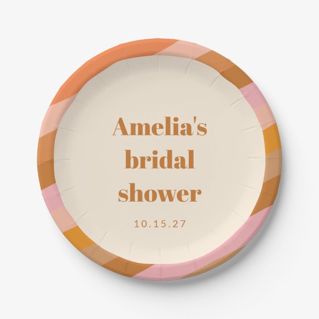 Retro Geometric Pink Orange Custom Bridal Shower Paper Plates (Front)